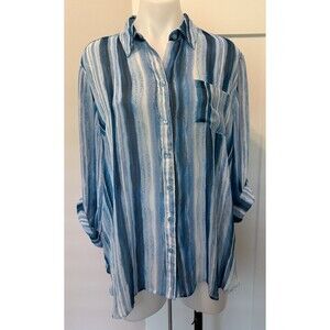 CHICOS Womens Button TOP 3/4 Tab Sleeve BLUE White STRIPED Size 2 (L/12)